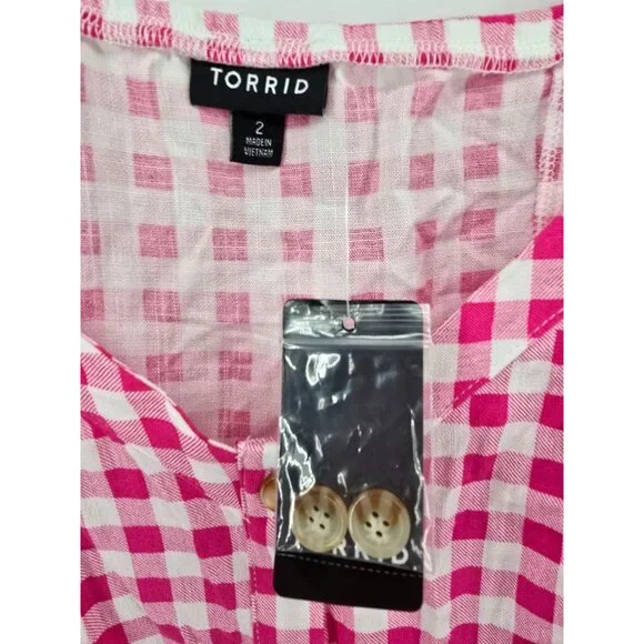 New Torrid Fit & Flare Button Up 3/4 Sleeve Pink Gingham Top Size 2X - Picture 4 of 11